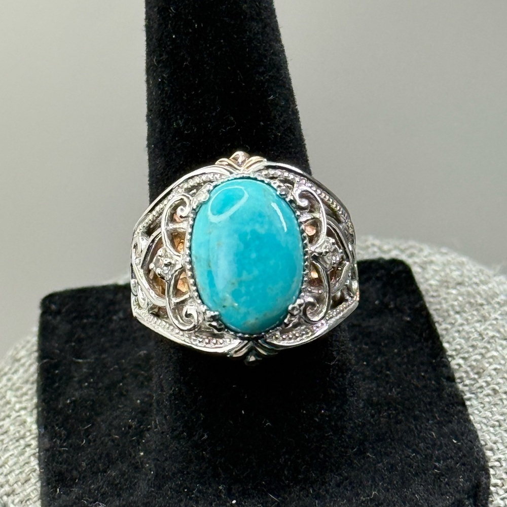 #555 Vintage Gems en Vogue Ring, Turquoise & White Sapphire w Gold Accent. SZ 7